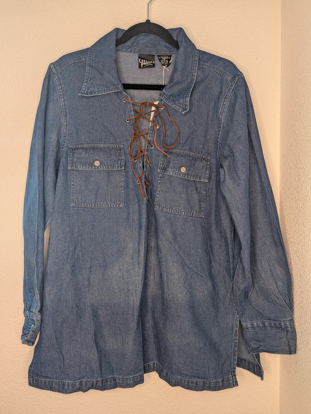 Crossing Pointe NWT Women Denim Blouse L Leather Laceup Western Rodeo Equestrian